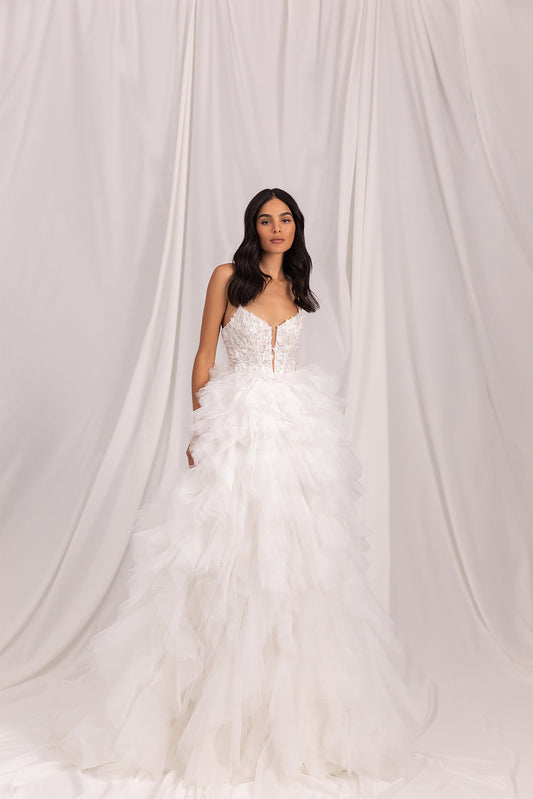 Layered Frill Floor Length Sleeveless Plunging V Neck Shimmering Floral Appliqué Bodice Gown
