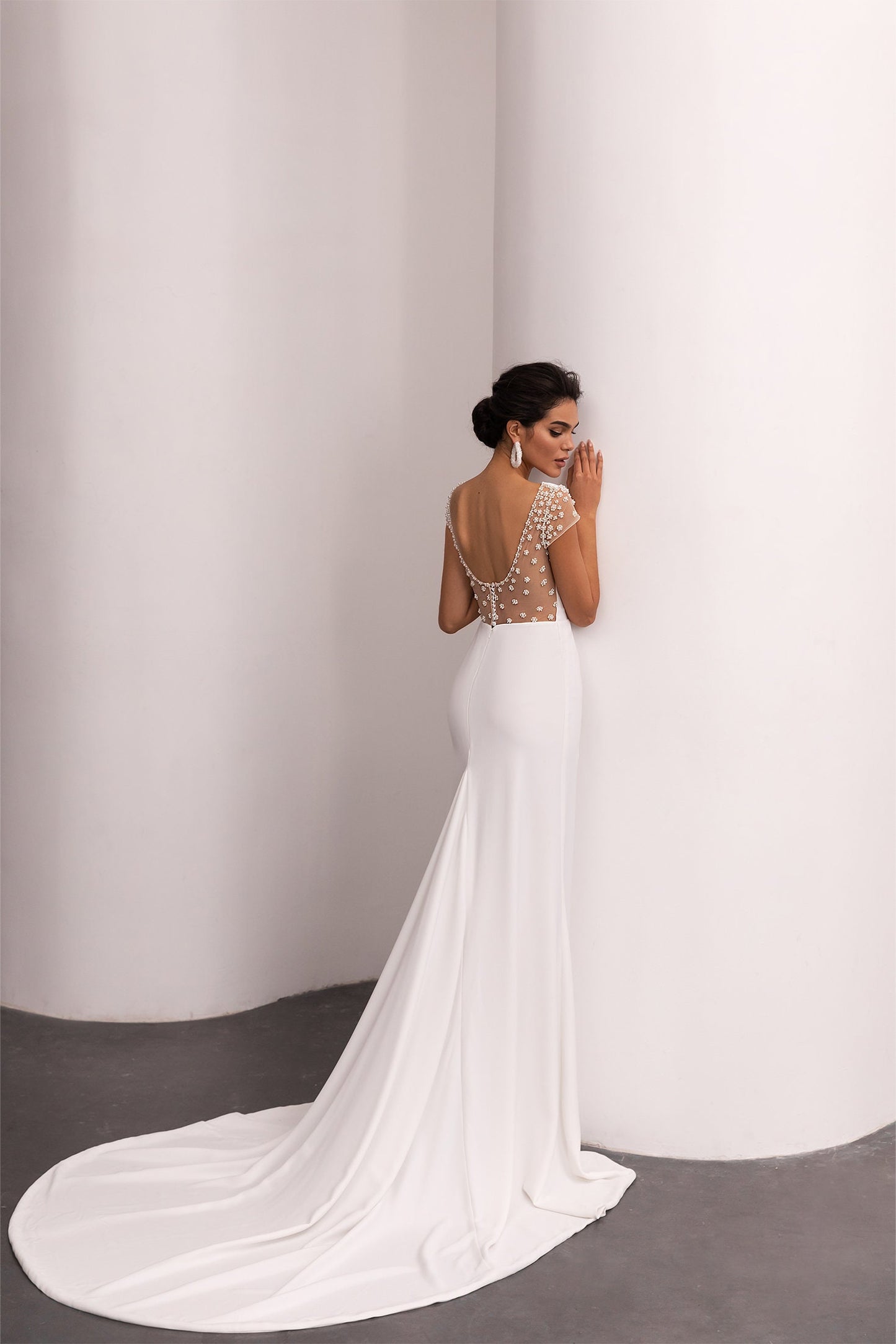 Multi Beaded Illusion Open Back Cap Sleeve Zip Enclosure Minimalist Trumpet Gown