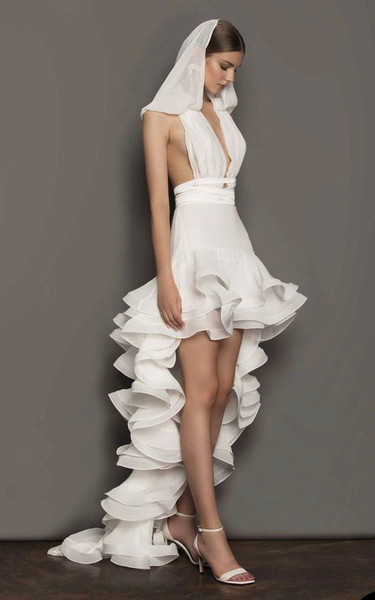 High Low Ruffled Trim Draped Plunging Deep V Minimalist Bridal Gown With Attached Draped Hood