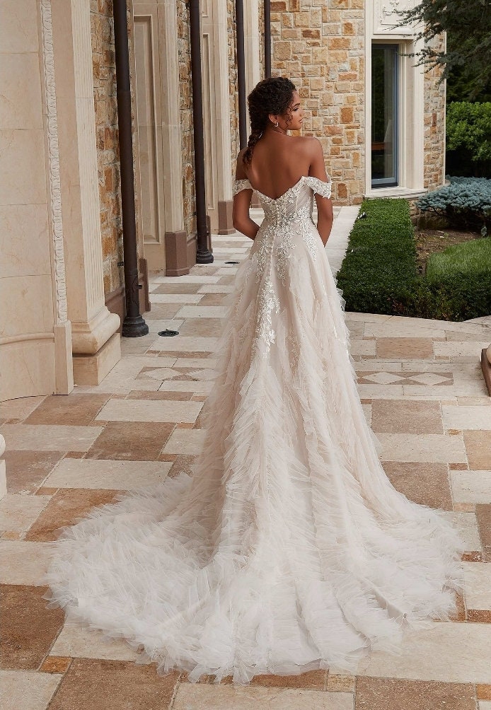 vine lace wedding dress White Lace Mermaid Wedding Dress Illusion Off-the-Shoulder Deep V-Neck Long Sheer Sleeves Baroque Vine Lace Cathedral Train