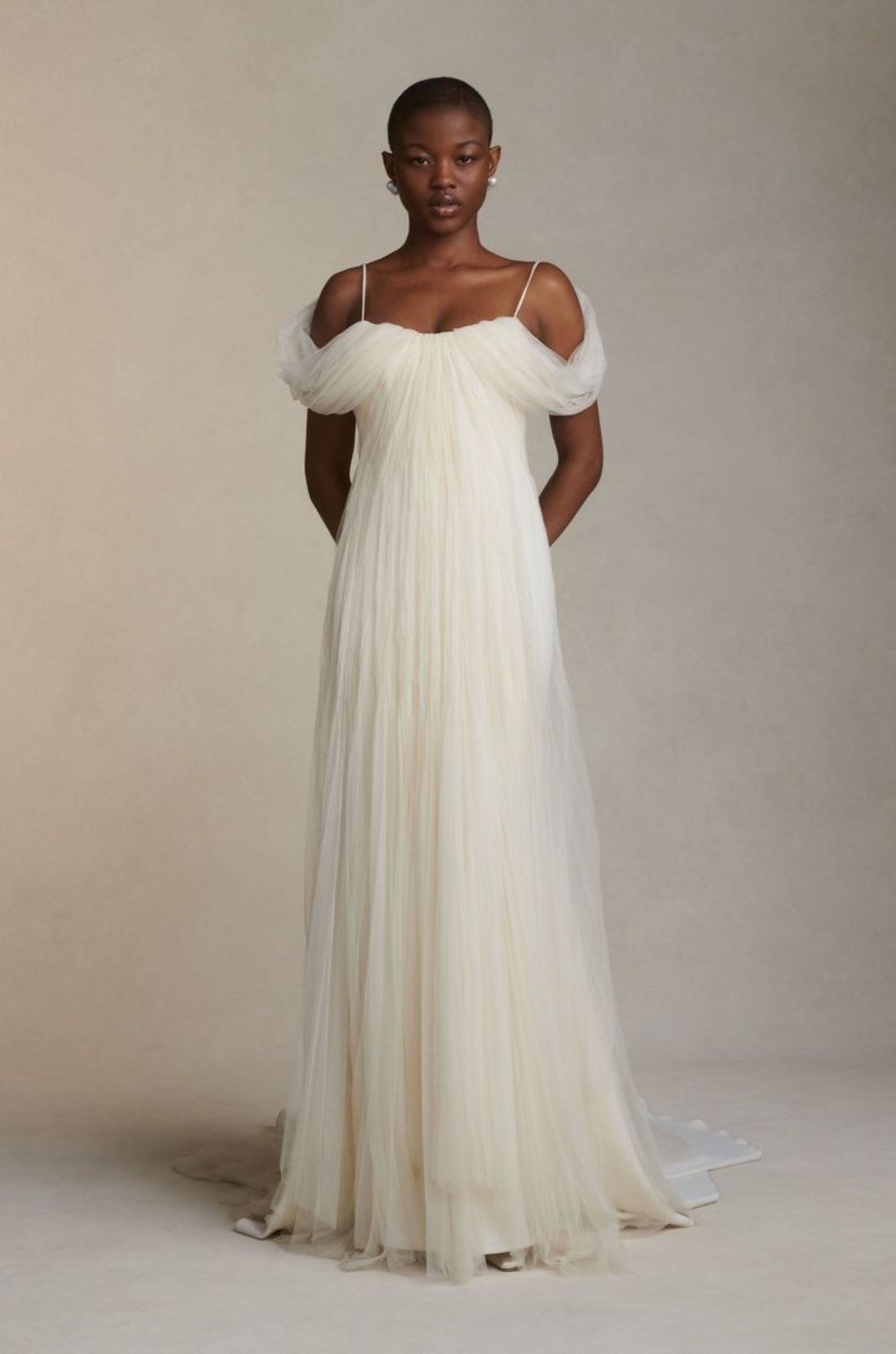 Soft Pleated Tulle Draped Off The Shoulder With Spaghetti Strap Floor Length Open Back Gown With Low Center Zip Enclosure