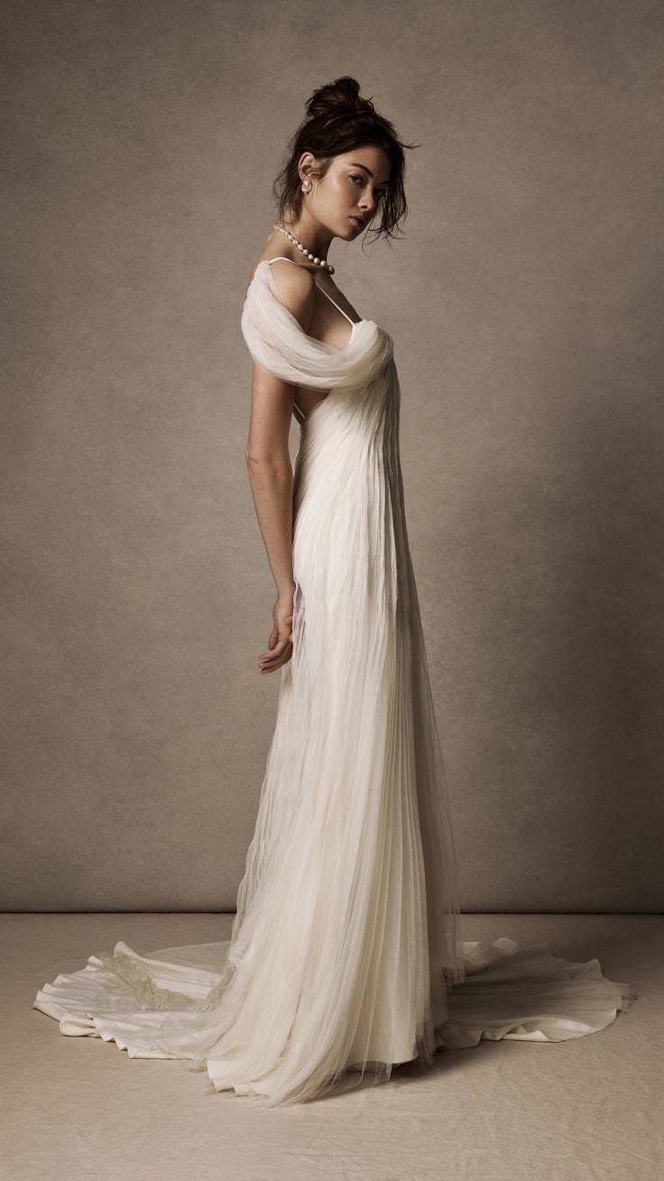 Soft Pleated Tulle Draped Off The Shoulder With Spaghetti Strap Floor Length Open Back Gown With Low Center Zip Enclosure