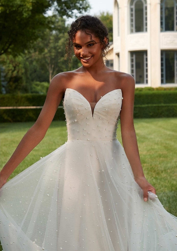 Dropped Sweetheart Strapless Pleated Natural Waistline Pearl Beaded A-Line Gown With Detached Pearl Beaded Sleeves