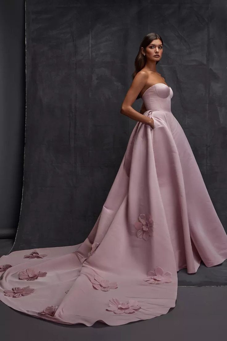 Strapless Sweetheart Pleated A-Line Gown With Detachable Scattered Floral Appliqué Detail