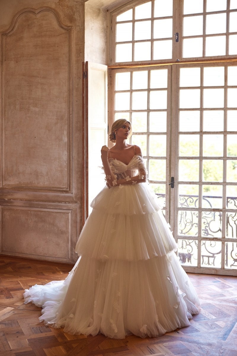 Off The Shoulder Pleated Scattered Pearl Beaded Butterfly Layered Corset Style A-Line Princess Bridal Gown