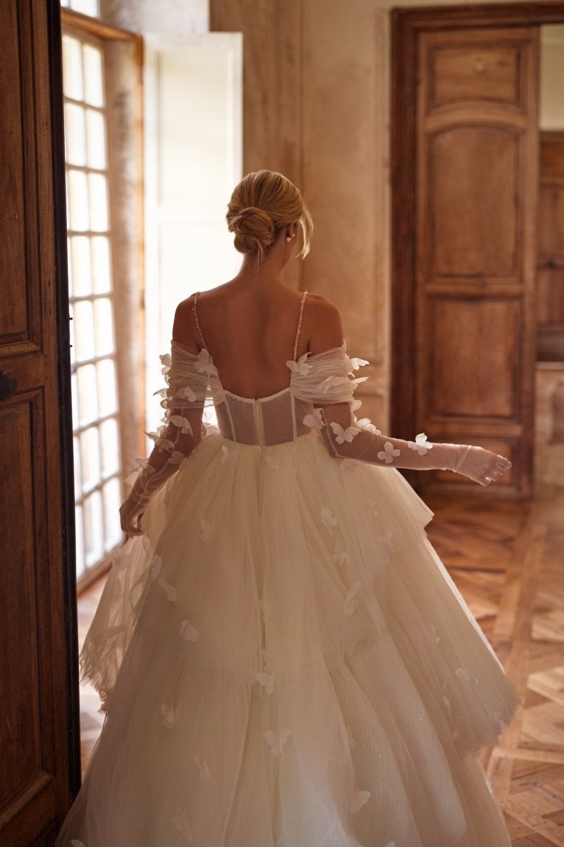 Off The Shoulder Pleated Scattered Pearl Beaded Butterfly Layered Corset Style A-Line Princess Bridal Gown