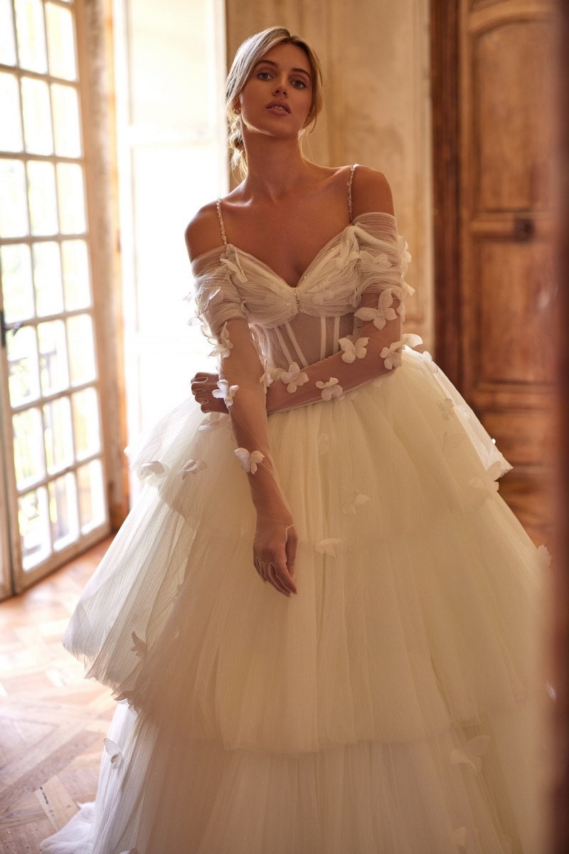 Off The Shoulder Pleated Scattered Pearl Beaded Butterfly Layered Corset Style A-Line Princess Bridal Gown