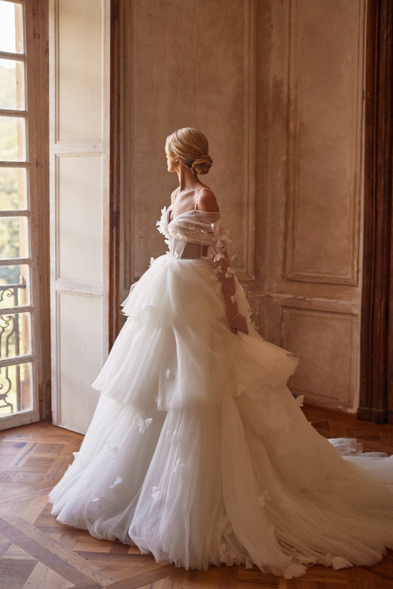 Off The Shoulder Pleated Scattered Pearl Beaded Butterfly Layered Corset Style A-Line Princess Bridal Gown