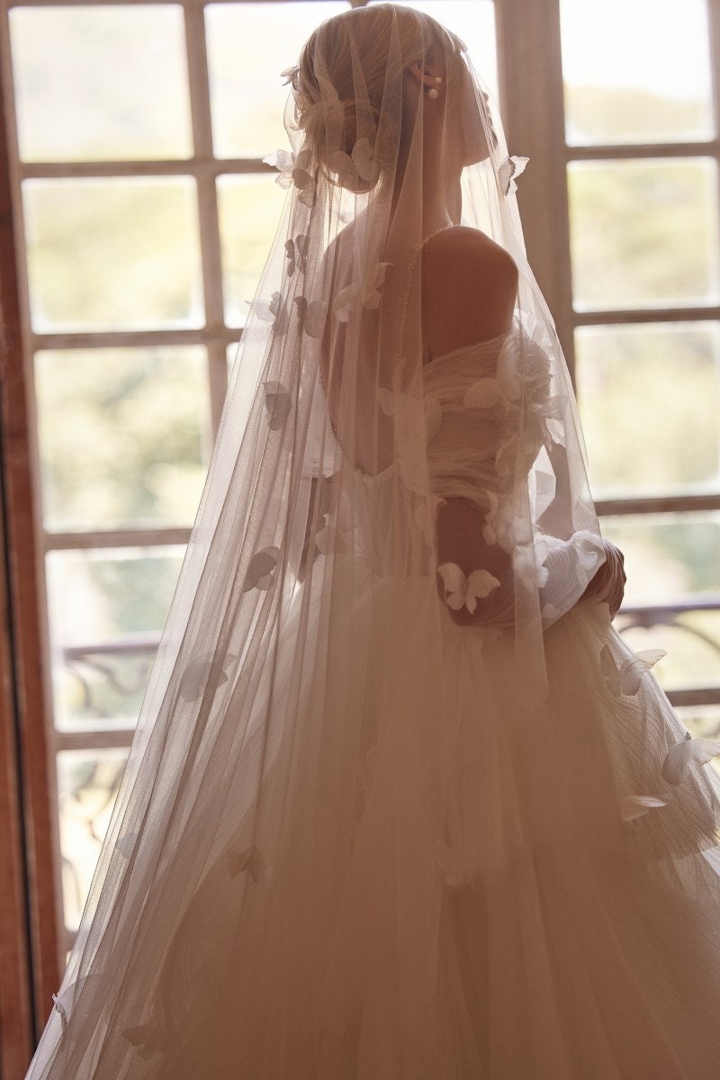 Off The Shoulder Pleated Scattered Pearl Beaded Butterfly Layered Corset Style A-Line Princess Bridal Gown