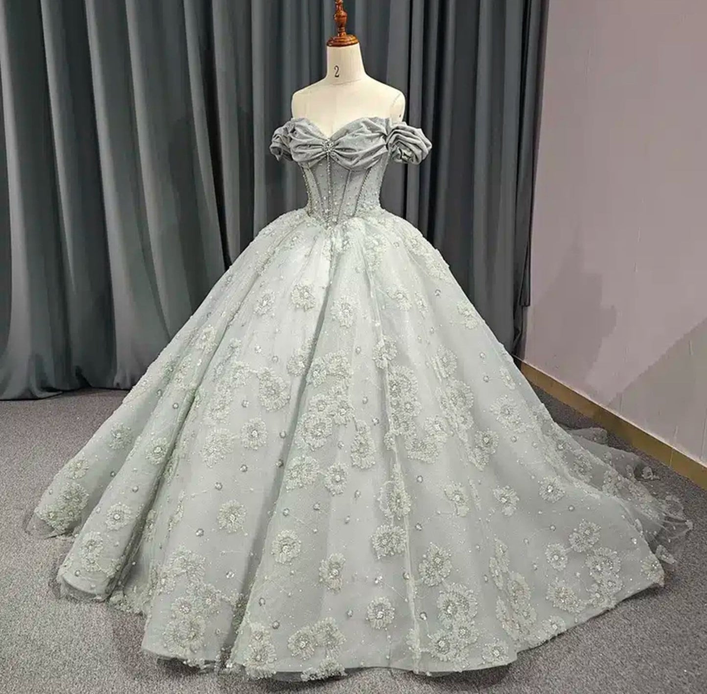 Scattered Floral Rhinestone Beaded Embellished Victorian Ruched Sweetheart Off The Shoulder Special Occasion Ball Gown