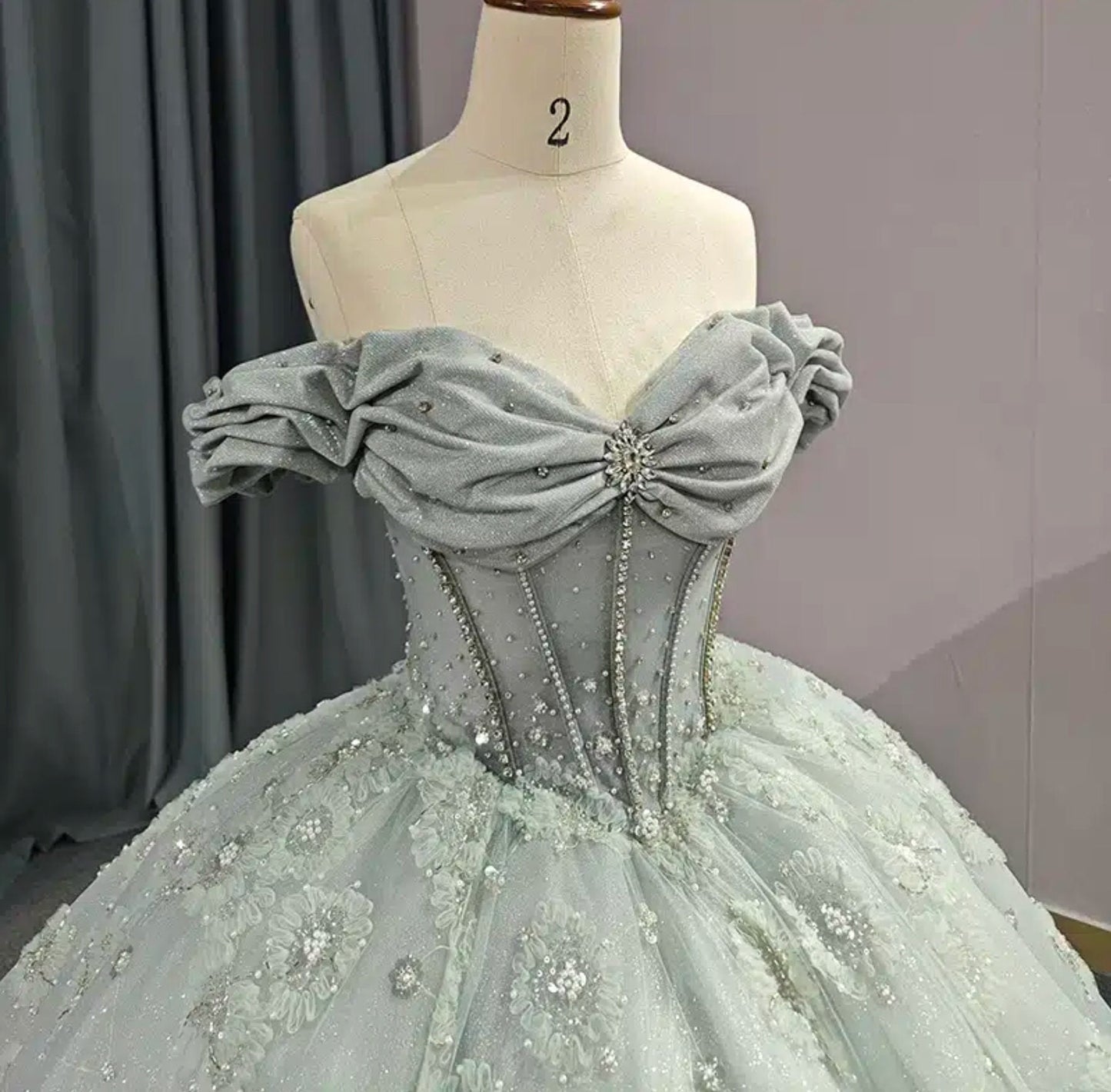 Scattered Floral Rhinestone Beaded Embellished Victorian Ruched Sweetheart Off The Shoulder Special Occasion Ball Gown