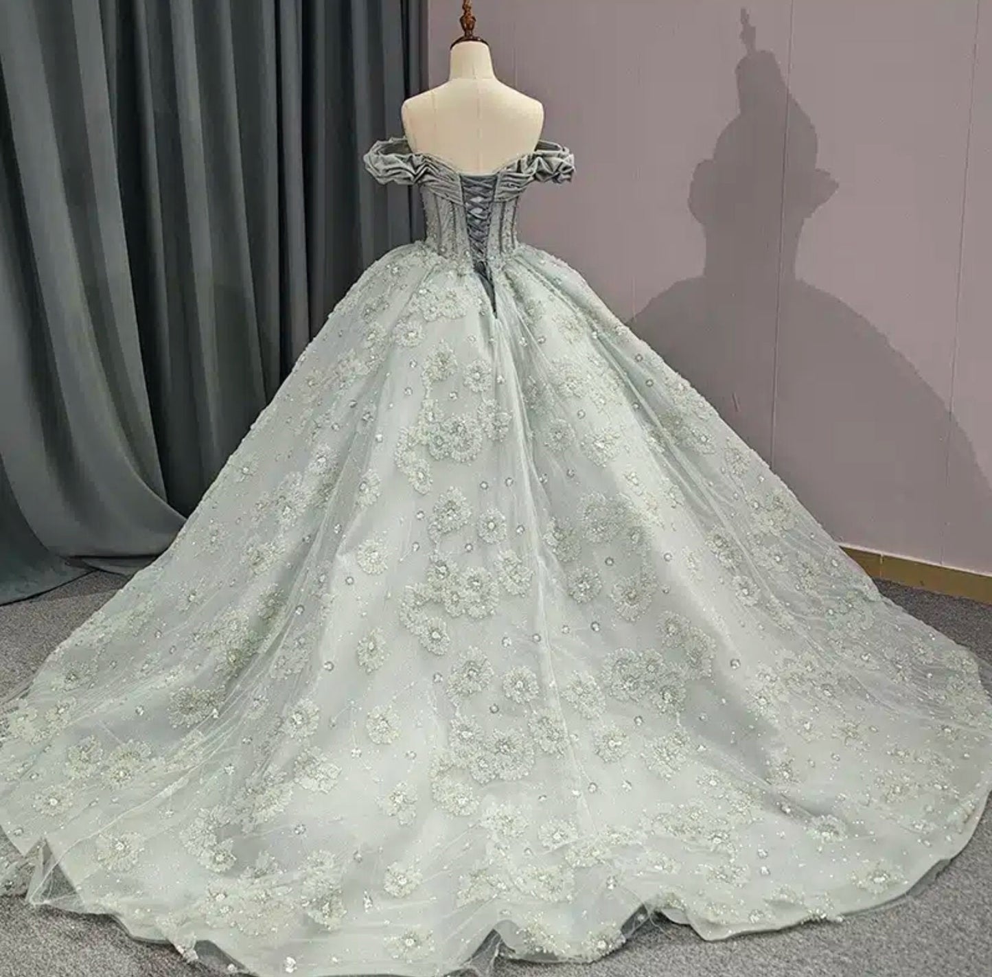 Scattered Floral Rhinestone Beaded Embellished Victorian Ruched Sweetheart Off The Shoulder Special Occasion Ball Gown