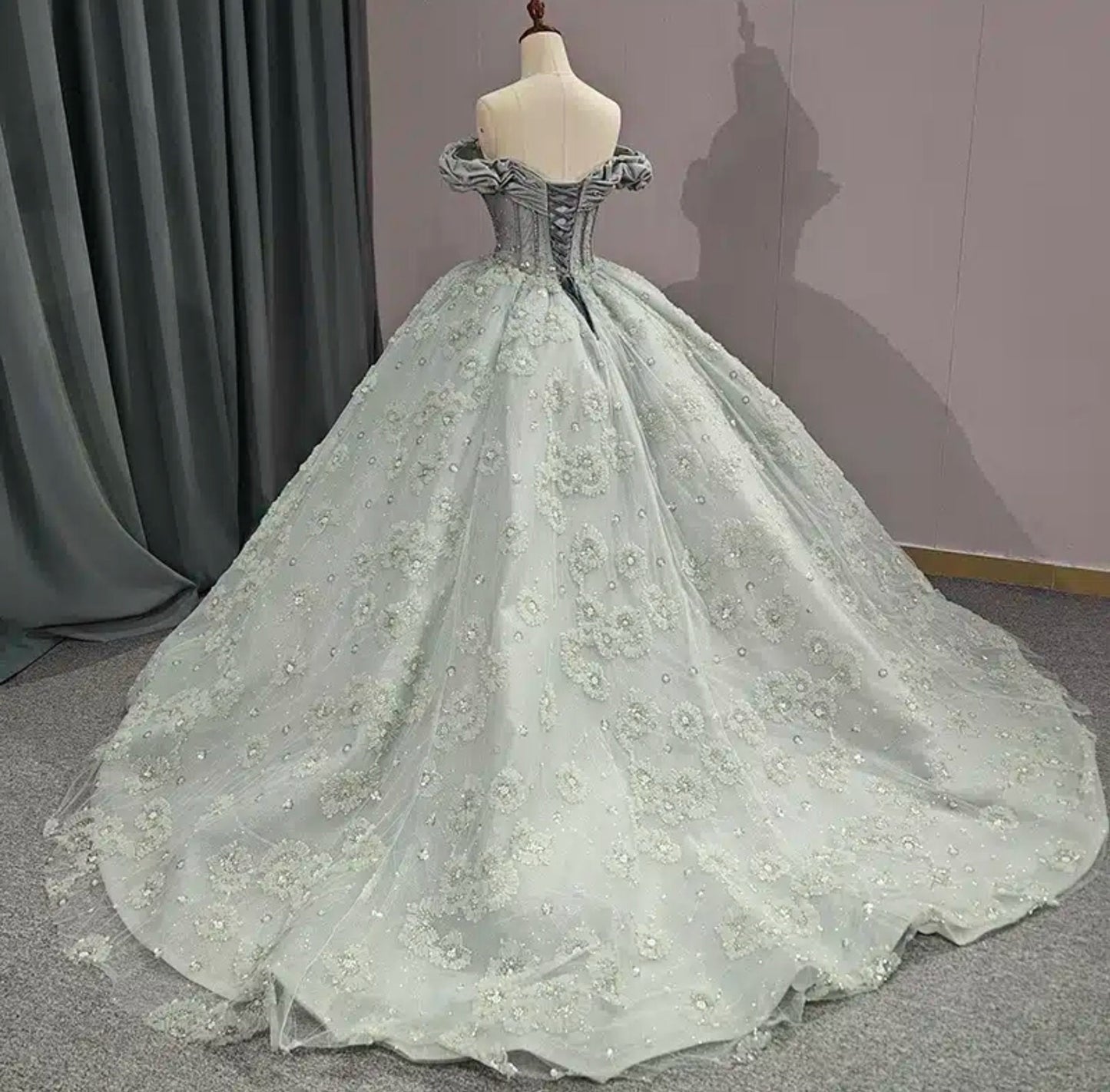 Scattered Floral Rhinestone Beaded Embellished Victorian Ruched Sweetheart Off The Shoulder Special Occasion Ball Gown