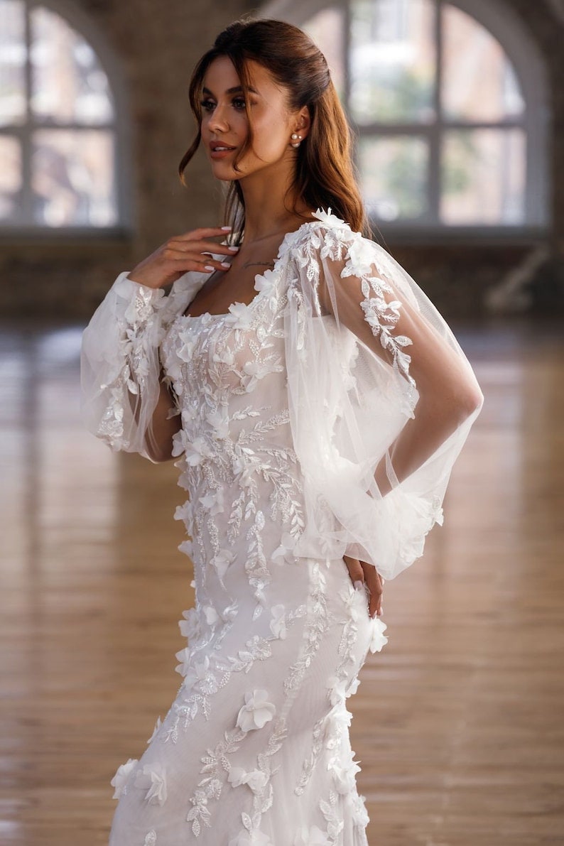 Beautiful Floral Sequin Appliqué Sheer Long Sleeve Sheath Gown With Detachable Matching Train