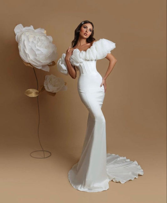 Ruffled Off The Shoulder Pleated Corset Minimalist Trumpet Bridal Gown