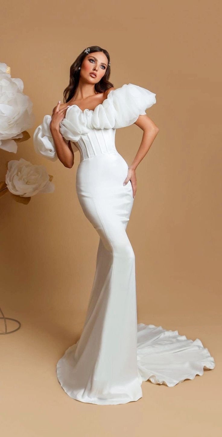 Ruffled Off The Shoulder Pleated Corset Minimalist Trumpet Bridal Gown