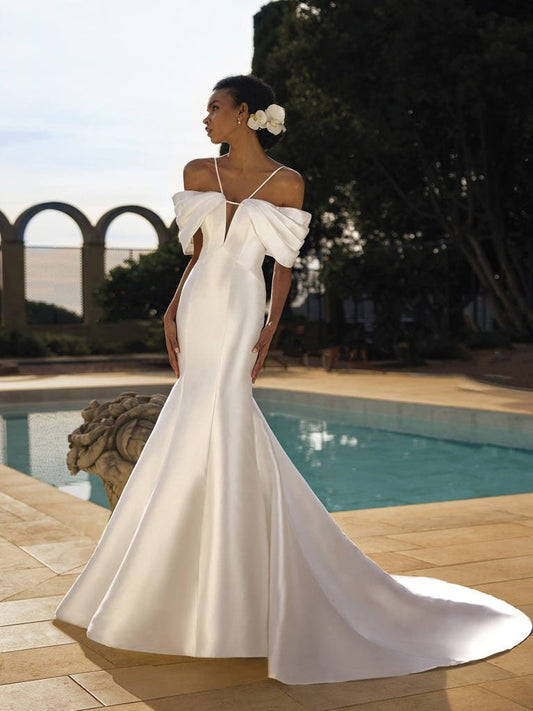 Fit & Flare Pleated Off The Shoulder Plunging Neckline Simply Minimalist Gown