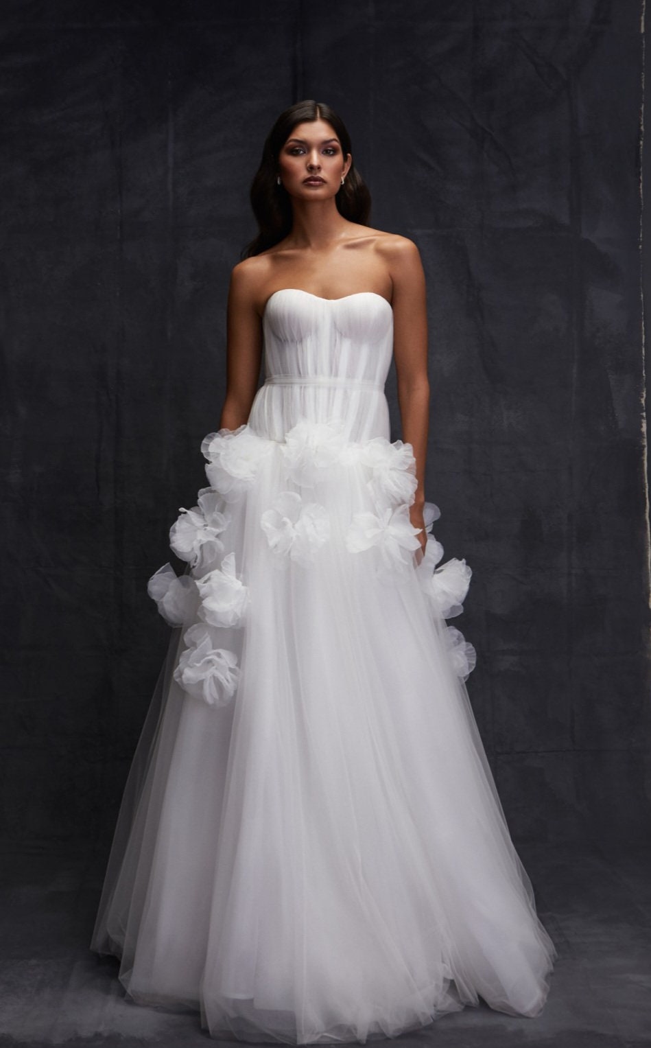 Pleated Strapless Sweetheart Bodice A-Line Gown With Scattered Frill Skirt Detail And Matching Veil OPTION