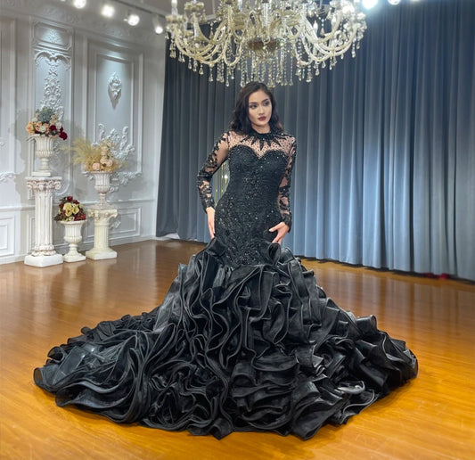 Black Sheer Long Sleeve Sequinned Beaded Sweetheart Illusion Mermaid Gown With Gorgeous Multi Layered Ruffles