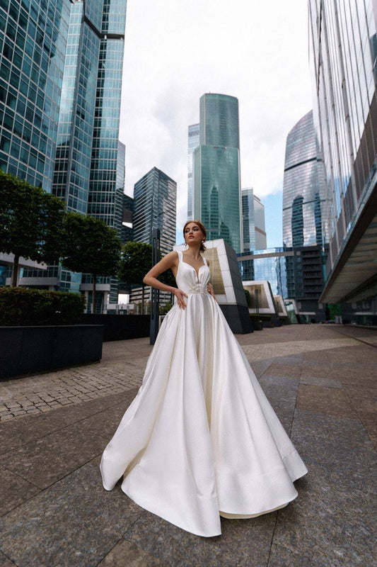 Minimalist Pleated Sweetheart Sleeveless Open Back Civil Ceremony, Vow Renewal, Bridal, Special Occasion Beaded Sequinned Waistline Gown