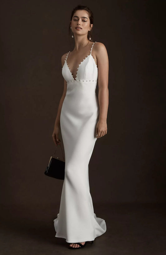 Crepe/Soft Satin Minimalist Sleeveless Pearl Beaded Trimmed Deep V Neck Spaghetti Strap Bridal, Special Occasion, Vow Renewal Trumpet Gown