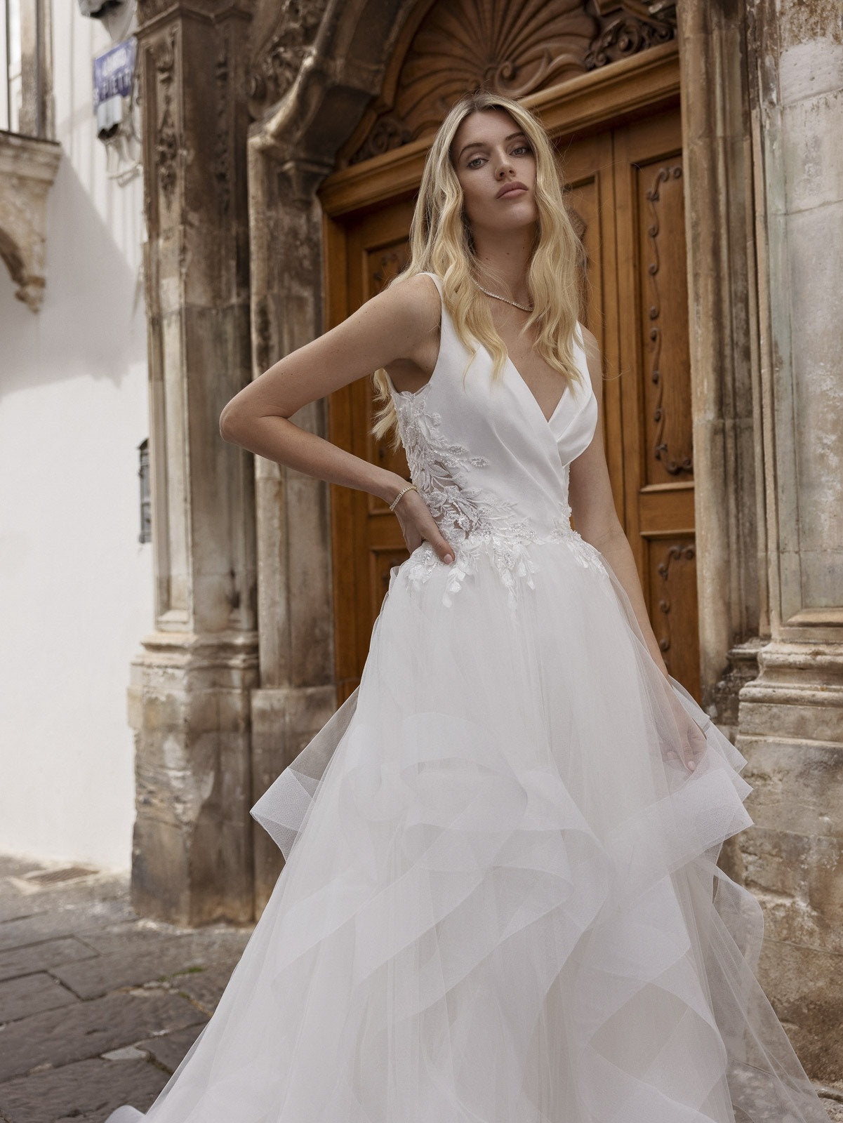 Pleated V Neck Spaghetti Strap Ruffled Layered Skirt With Floral Cut Out Lace Appliqués Sides Bridal Gown