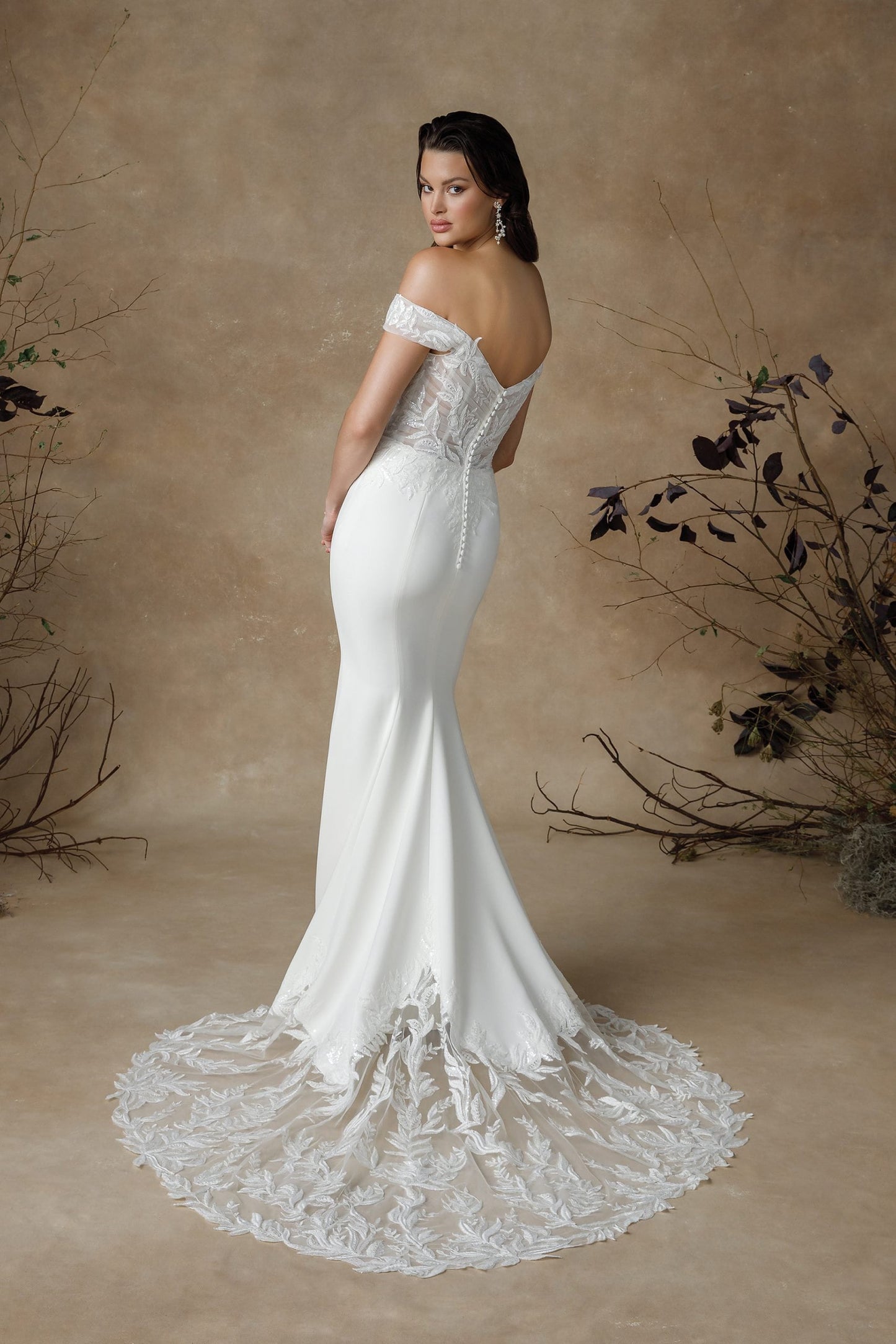 Floral Sequin Appliqué Off The Shoulder Bodice With Split Hem Floral Lace Underlay Trumpet Gown