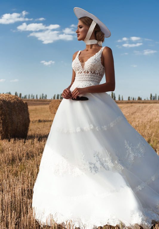 Beautiful Beaded Sequin Floral Plunging V Neck Sleeveless Boho Country Inspired A-Line Bridal Gown