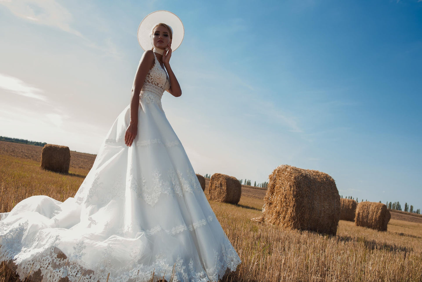 Beautiful Beaded Sequin Floral Plunging V Neck Sleeveless Boho Country Inspired A-Line Bridal Gown