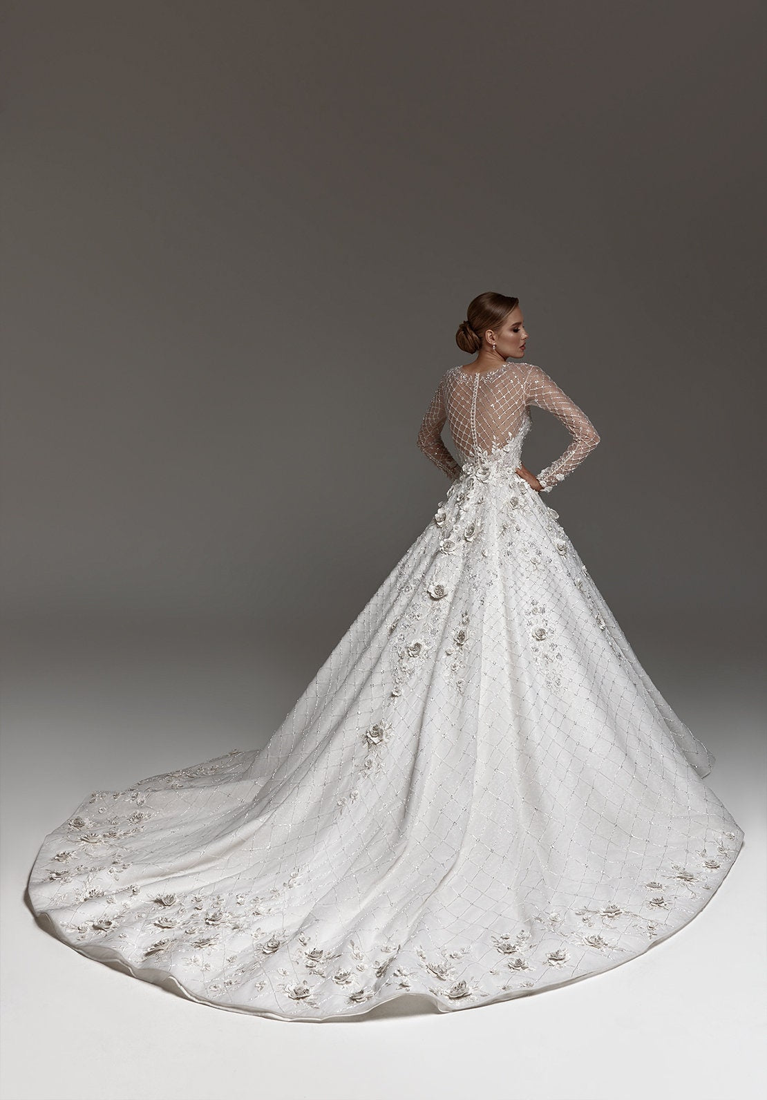 Shimmering Long Sleeve Diamond Grid Lace 3D Floral Appliqués Sweetheart A-Line Princess Ball Gown