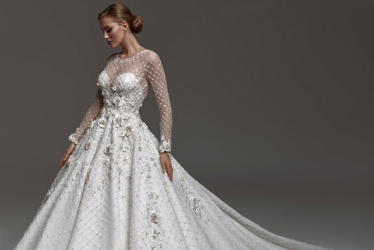 Shimmering Long Sleeve Diamond Grid Lace 3D Floral Appliqués Sweetheart A-Line Princess Ball Gown