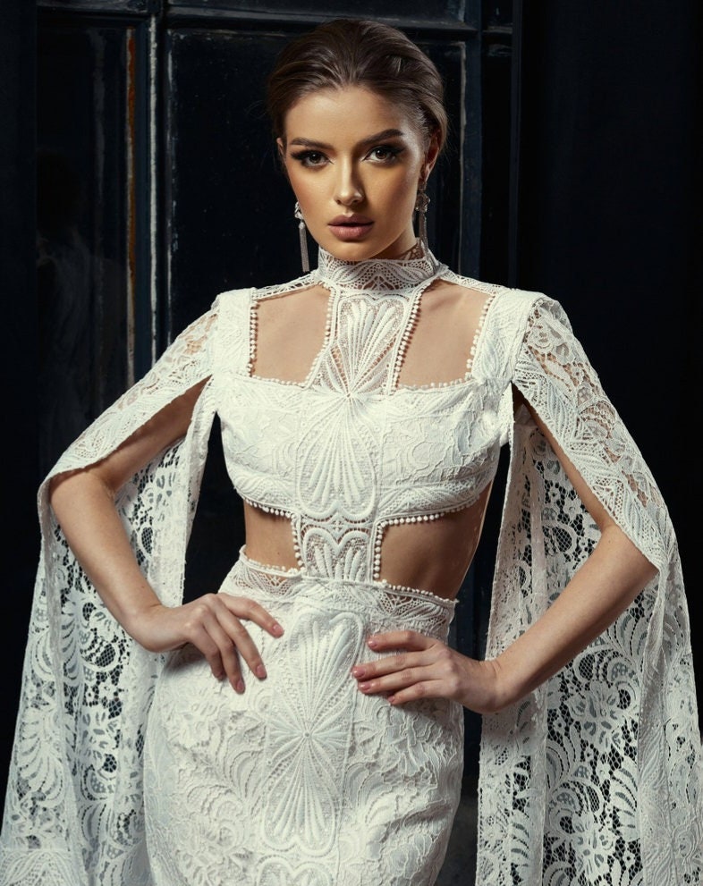 Floral Lace Aztec Inspired Cut Out Split Long Sleeve Trumpet Gown WenLeeBridal Floral Lace Aztec Inspired Cut Out Split Long Sleeve Trumpet Gown WenLeeBridal