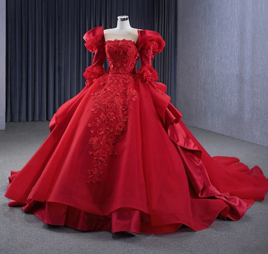Floral 3D Red Long Sleeve Victorian Era Inspired A-Line Quinceañera Special Occasion Bat Mitzvah Sweet Sixteen Pageant Event Gown