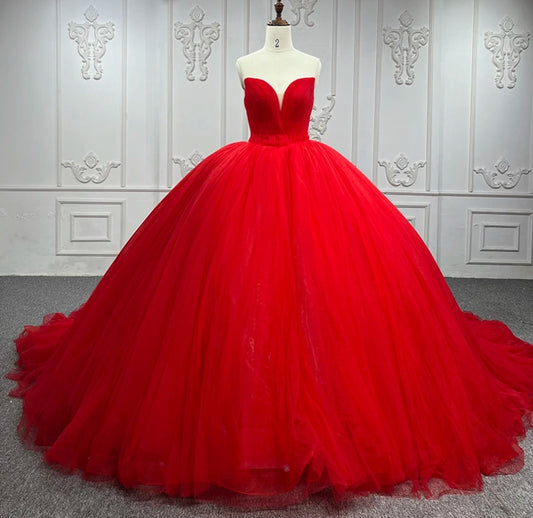 Red Strapless Simple Minimalist Pleated Sweetheart A-Line Bat Mitzvah Quinceañera Pageant Special Occasion Party Event Gown