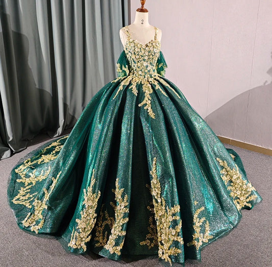 3D Floral Shimmering Gold & Emerald Green Spaghetti Strap Quinceañera Special Occasion Pageant Bat Mitzvah Princess Ball Gown