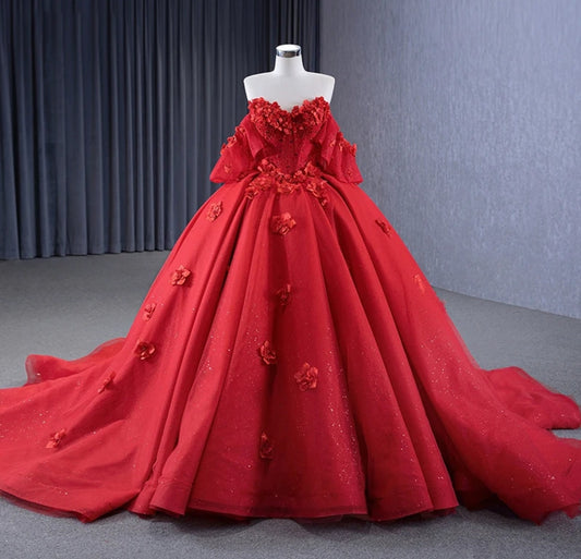 Lovely Shimmering Sparkling Red Scattered Floral Beaded Appliqué Quinceañera Special Occasion Bat Mitzvah Gown With Detachable Sleeves