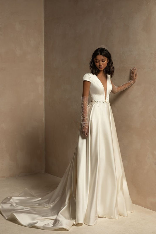 Cap Sleeve Plunging Neckline A-Line Gown With Scattered Beaded Waistline Detail And Open Back Zip Enclosure