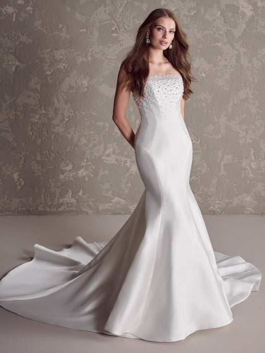 Strapless Pearl Beaded Overlay Boat Neck Pleated High Waisted Open Back Lace Up Enclosure Mermaid Gown