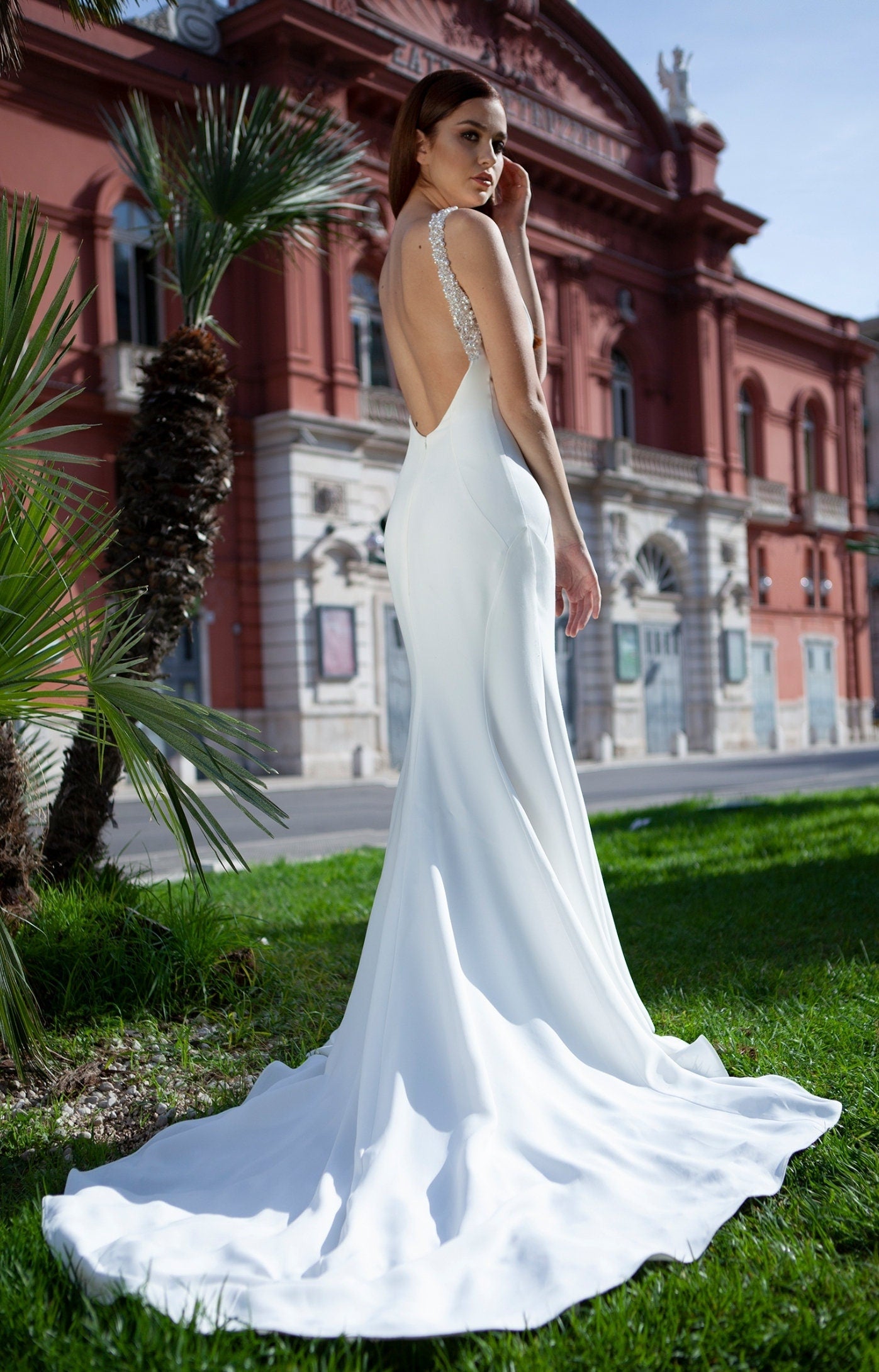 Beautiful Multi Beaded Draped Plunging Halter Neckline High Waistline Pleated Open Back Trumpet Bridal, Civil Ceremony, Vow Renewal Gown