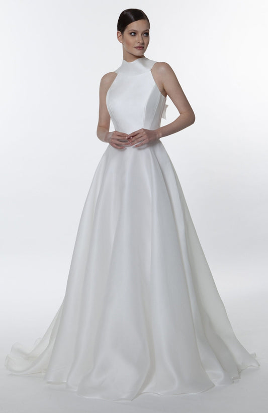 Bold Wide Halter Neckline And Pleated Natural Waistline Bow Knot Tie Detail With Zip Enclosure Simple Minimalist Gown