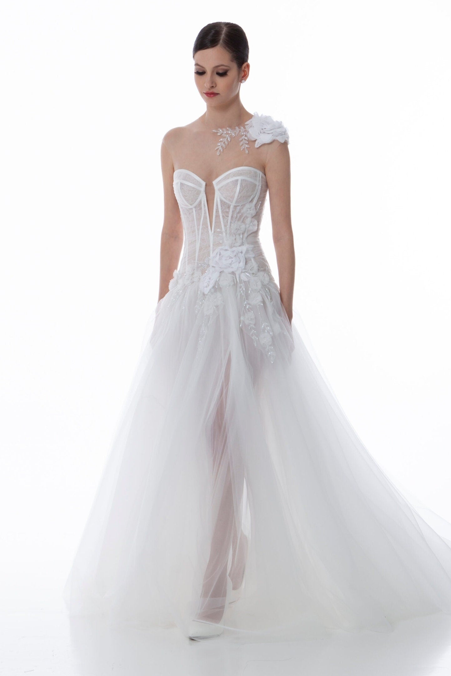 Strapless Illusion Sweetheart Plunging Floral Lace Corset A-Line Appliqué Detail Gown