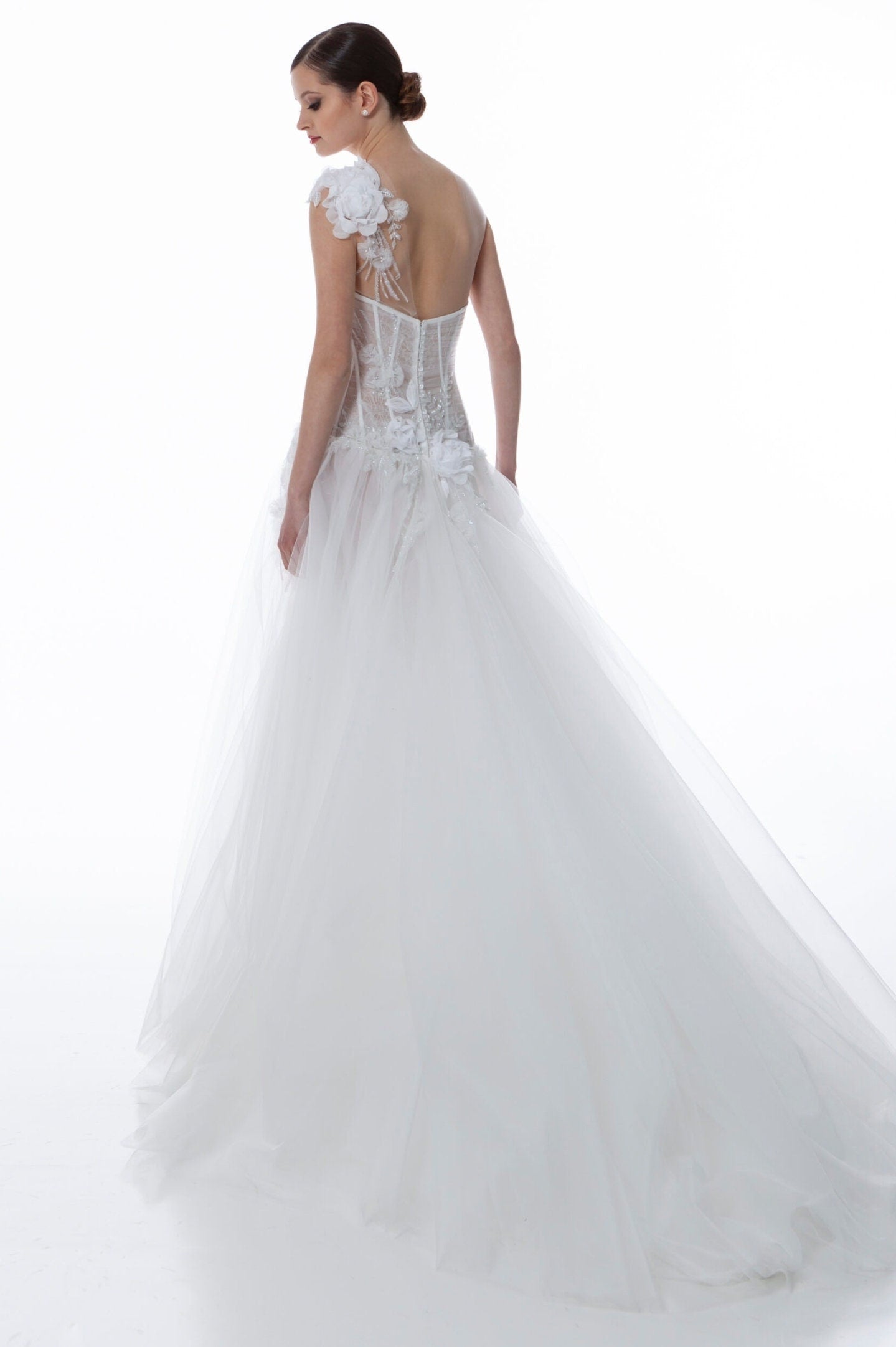 Strapless Illusion Sweetheart Plunging Floral Lace Corset A-Line Appliqué Detail Gown