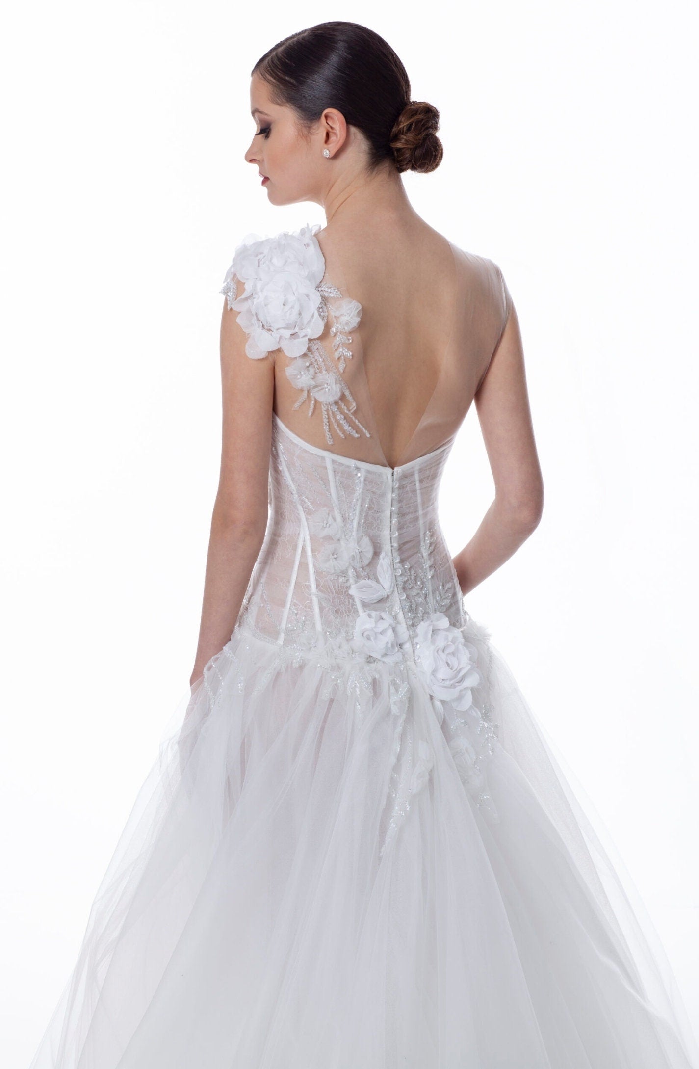 Strapless Illusion Sweetheart Plunging Floral Lace Corset A-Line Appliqué Detail Gown