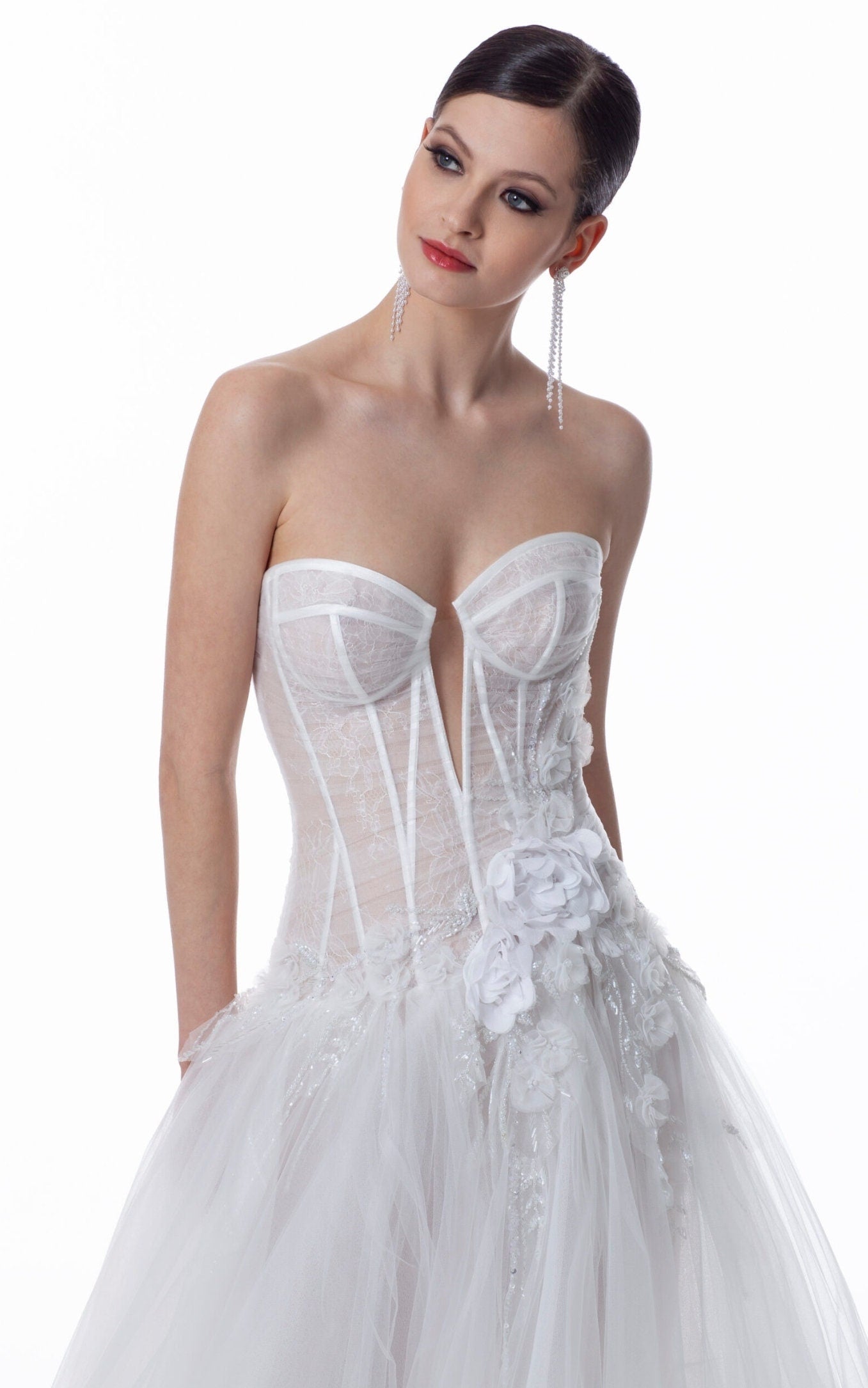 Strapless Illusion Sweetheart Plunging Floral Lace Corset A-Line Appliqué Detail Gown