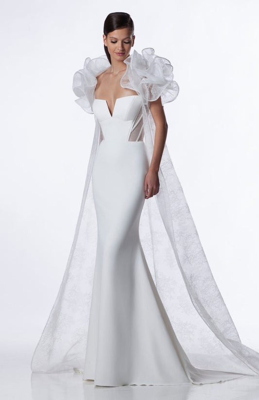 Pleated Strapless Modern V Neck Illusion Side And Open Back Gown With Floral Lace Layered Ruffle Shoulder Floor Length Cape