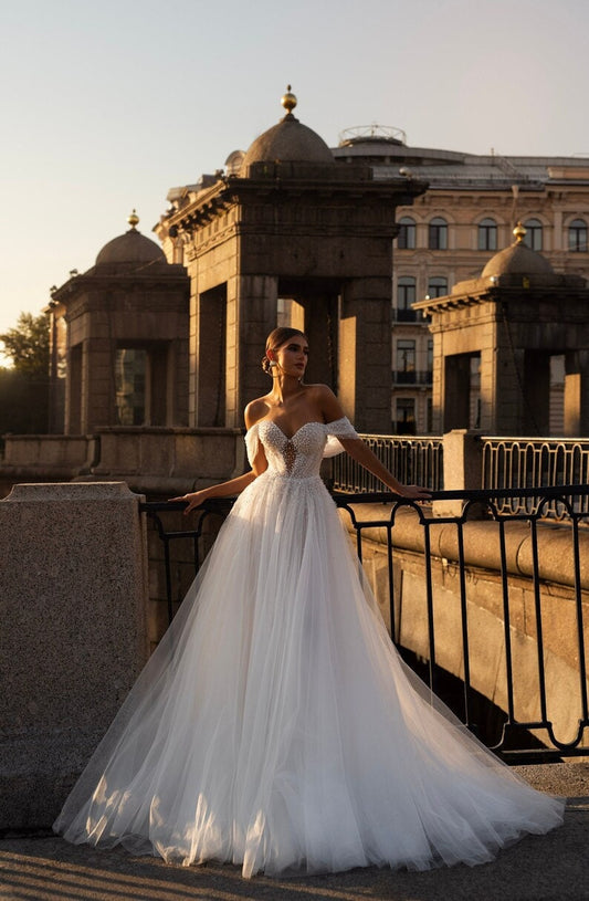 Sweetheart Draped Off The Shoulder Diamond Cut Out Center Scattered Pearl Beaded Tulle Pleated A-Line Bridal Gown