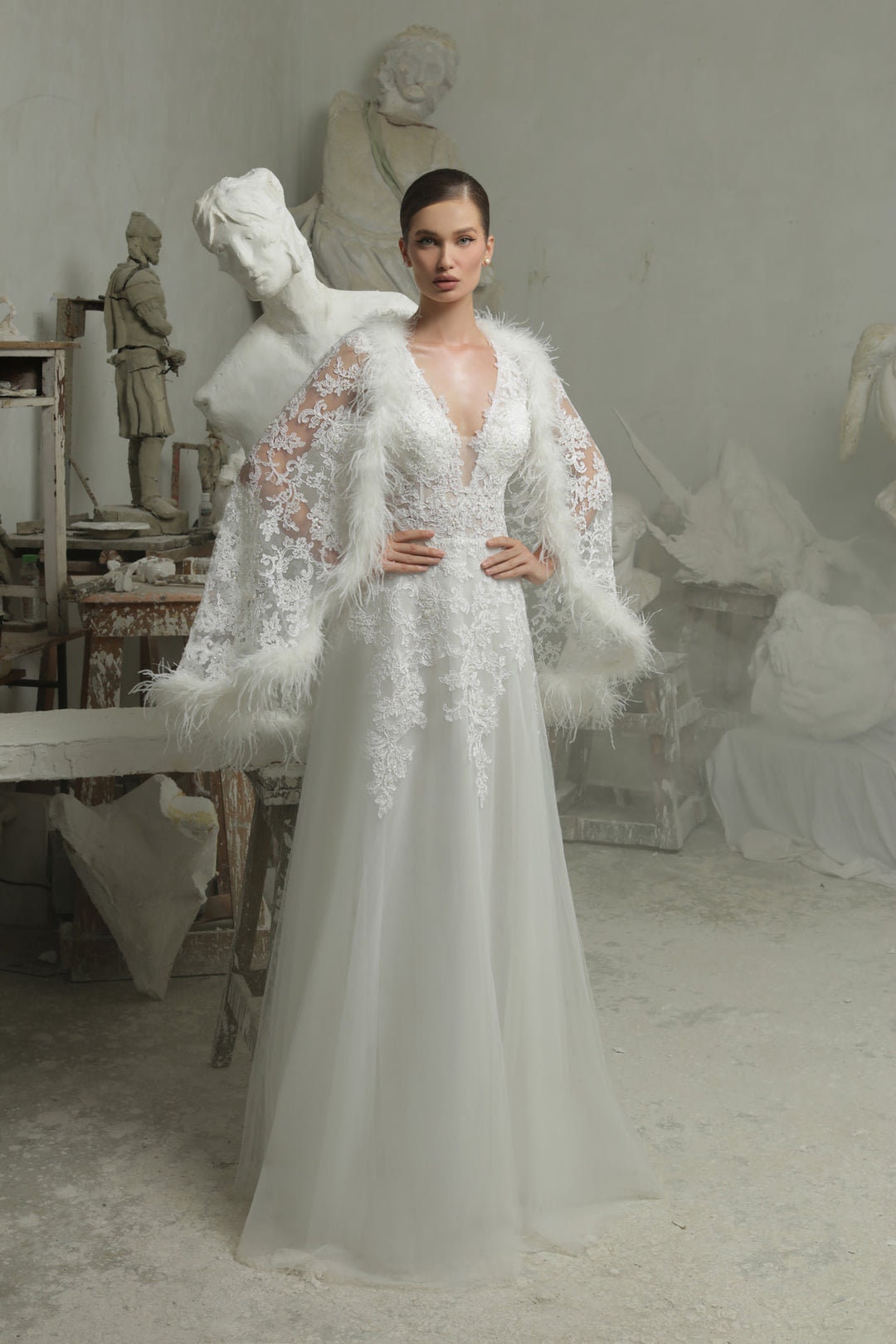 Plunging Deep V Neckline Floral Lace And Appliqué Sequin Sleeveless Gown With Matching Feather Lace Capelette