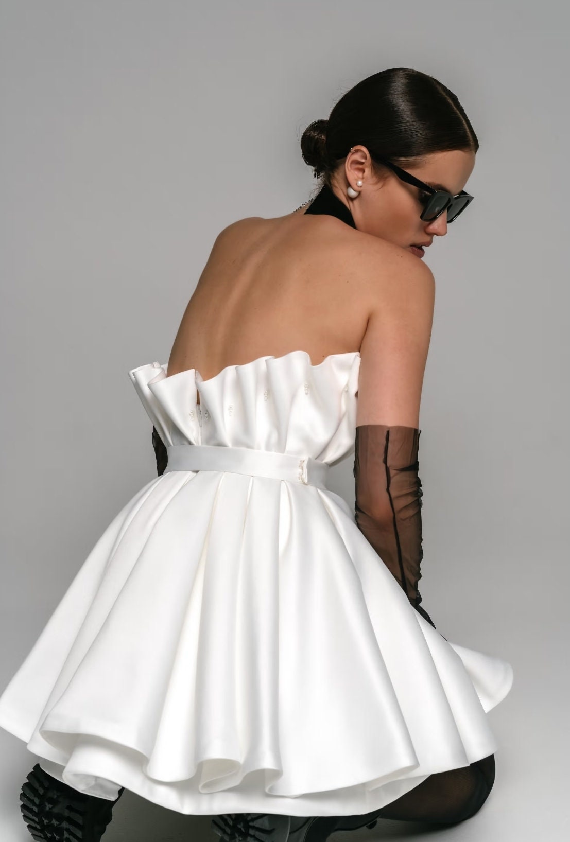 Strapless Wide Ruched Pearl Beaded Detail Natural Belted Waistline Above The Knee Dress With Detachable Train Hem