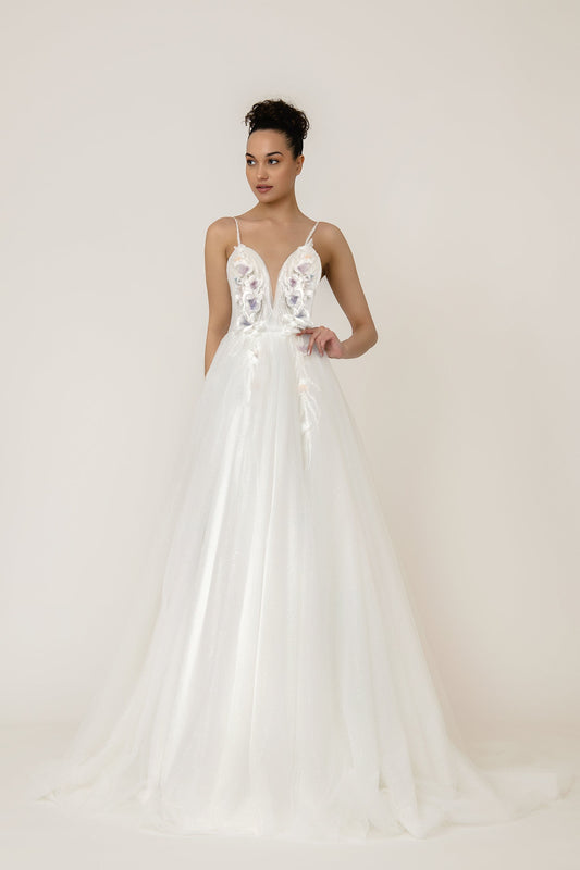 Crystal Beaded Spaghetti Strap Sleeveless Sweetheart 3D Floral Pastel Sequinned Shimmering Bridal, Special Occasion, Prom, Vow Renewal Gown