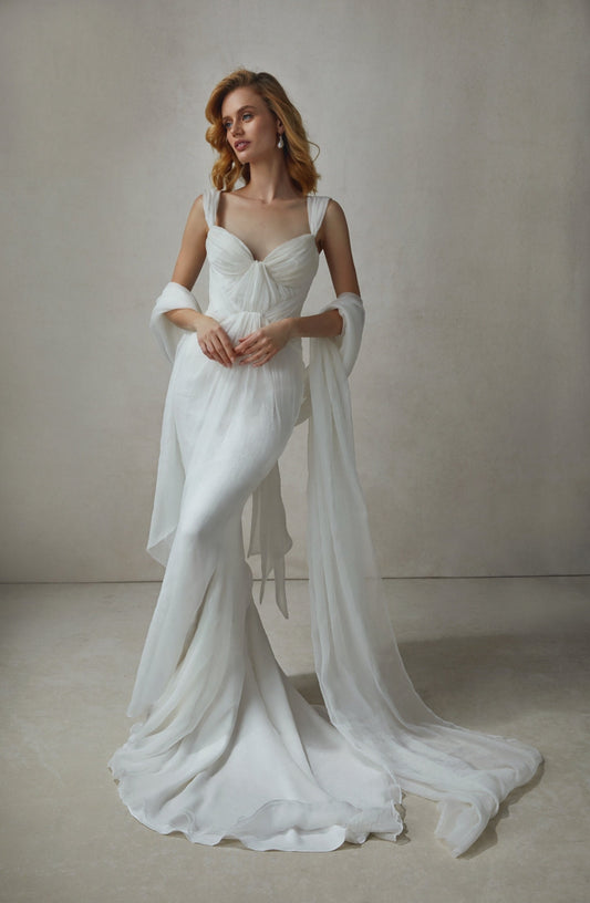 Sleeveless Draped Chiffon Layered Micro Pleated Trumpet Bridal Gown